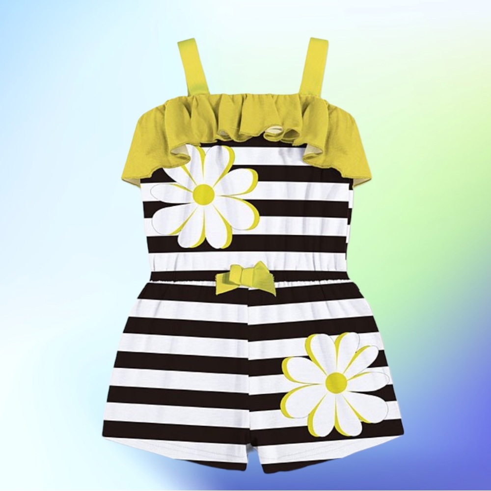 🩳2/$10👖3/$12 Sunshine Swing Black White Yellow Floral Stripe Ruffle Romper Sz 4